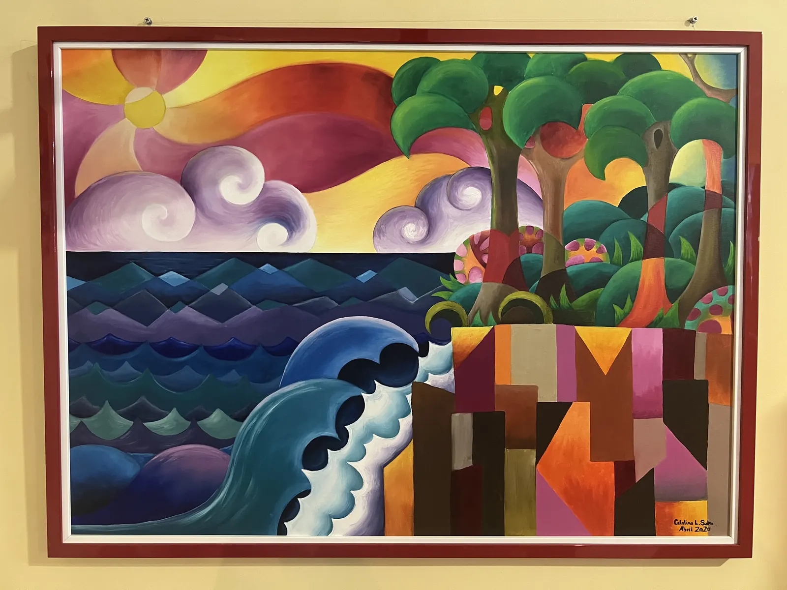 Pintura de una ola y un bosque al atardecer